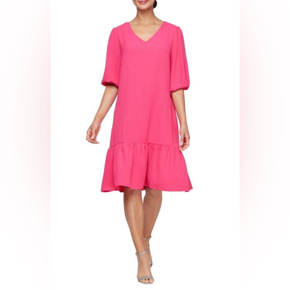 SLNY Women's Pink V-Neck Puff Sleeve Dress